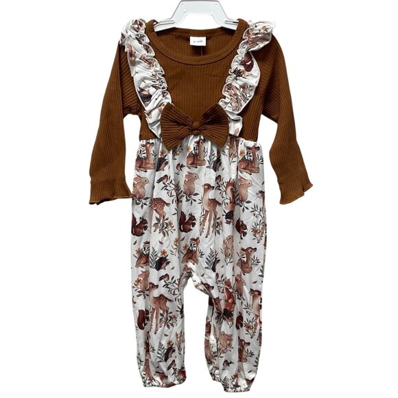 Girl's Ruffle Romper Long Sleeve Deer Print Brown/White 9-12 months - Picture 1 of 5